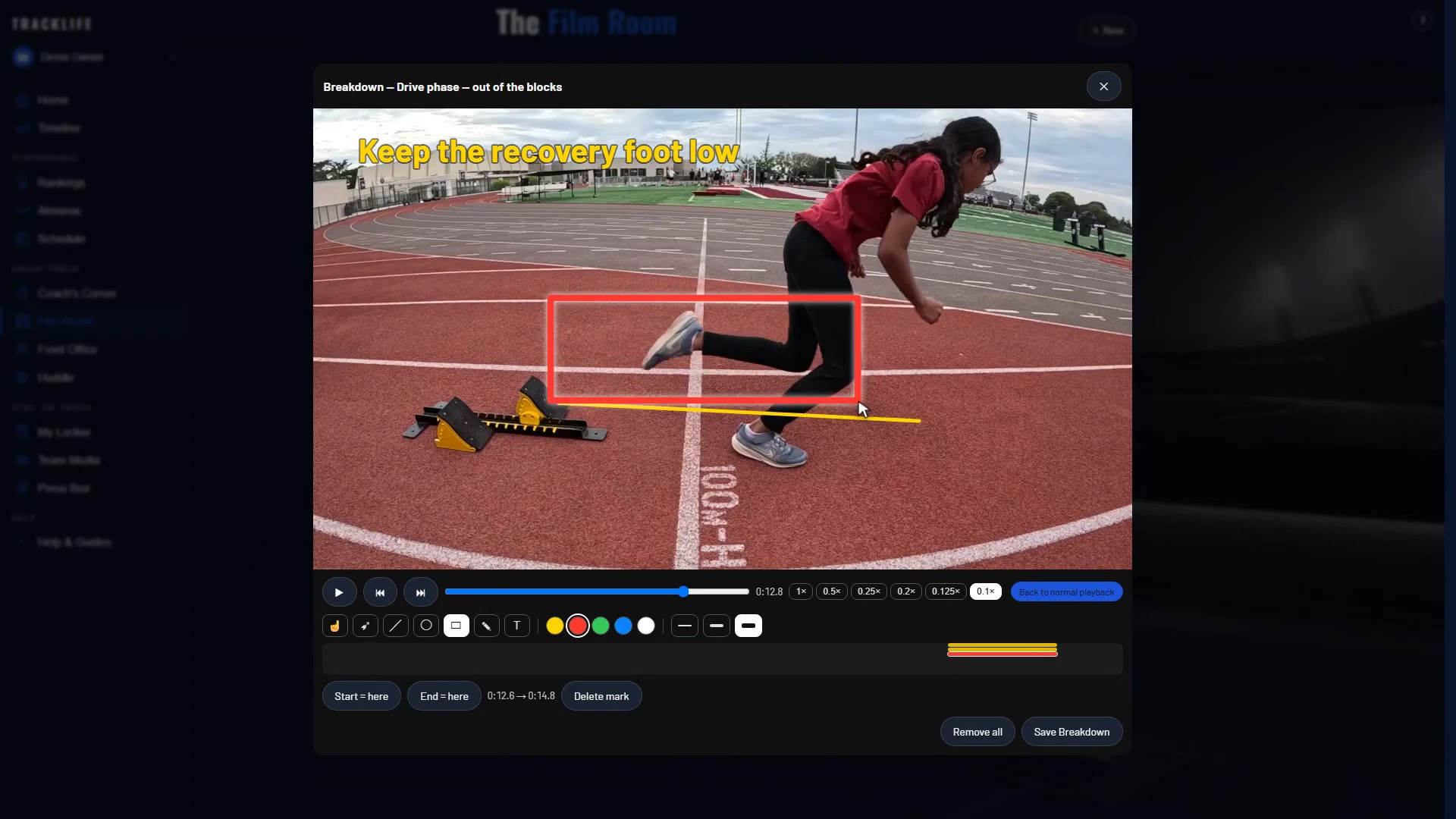 Film Room demo: drawing coaching marks on a slow-motion sprint start